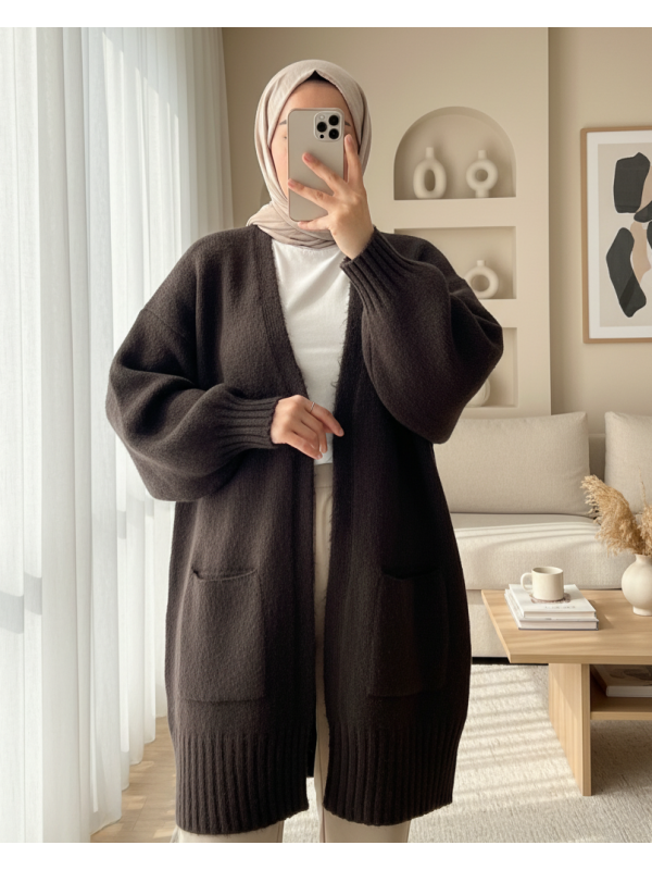 Double Pocket Slit Soft Cardigan   -Dark Coffee