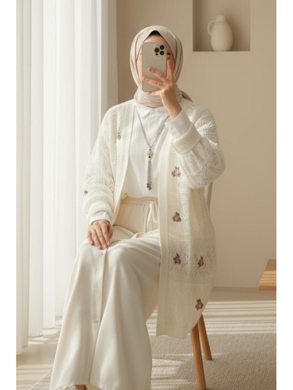 Ajurlu Nakışlı Hırka -Ekru