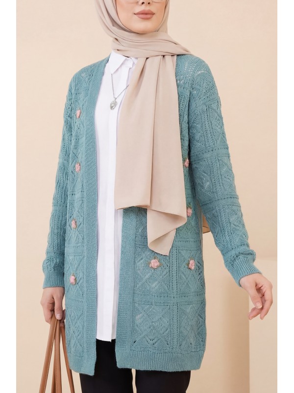 Ajurlu Nakışlı Hırka -Mint