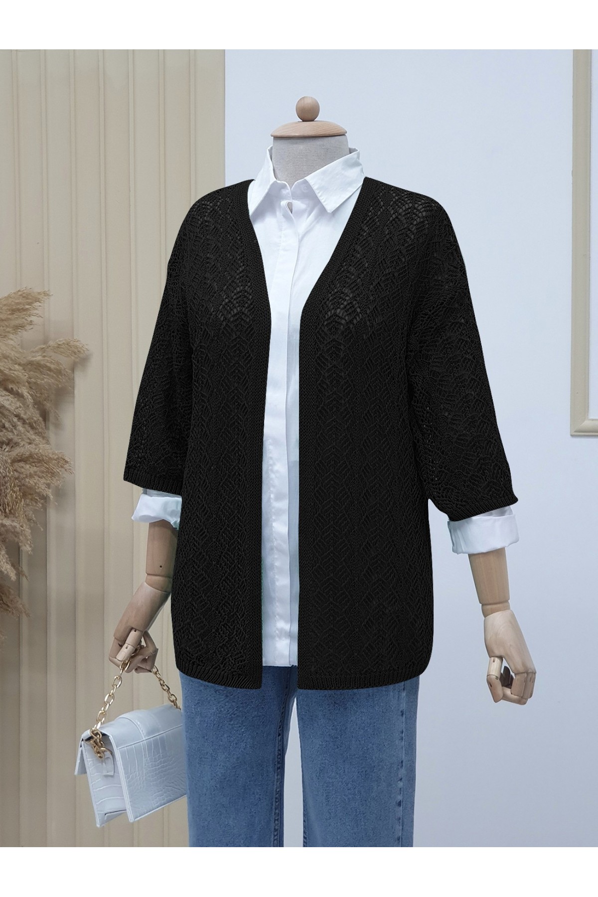 Half Sleeve Openwork Short Cardigan  -Black