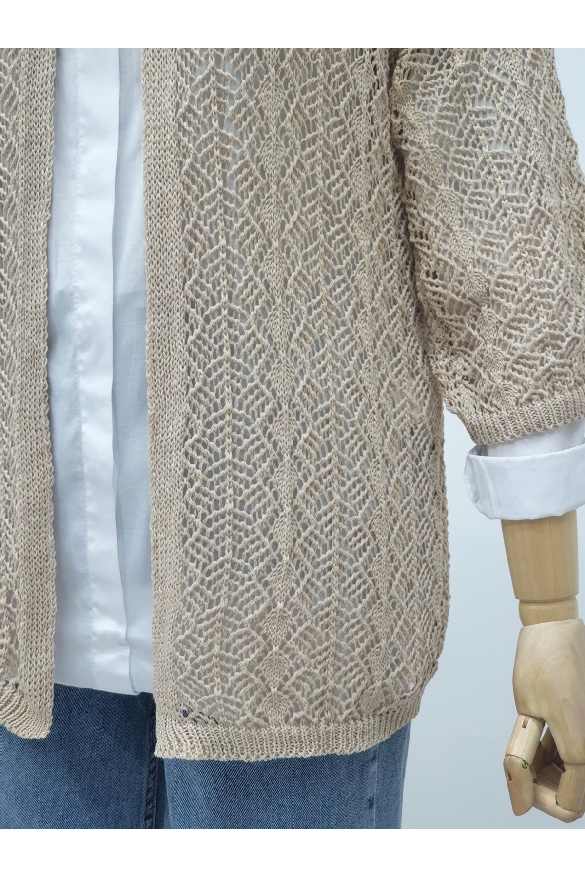 Half Sleeve Openwork Short Cardigan -Stone
