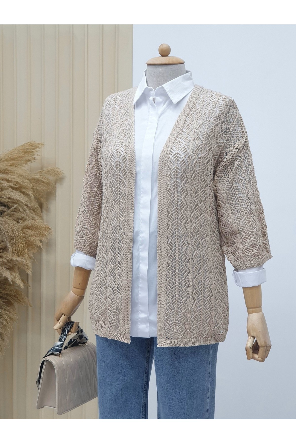 Half Sleeve Openwork Short Cardigan -Stone