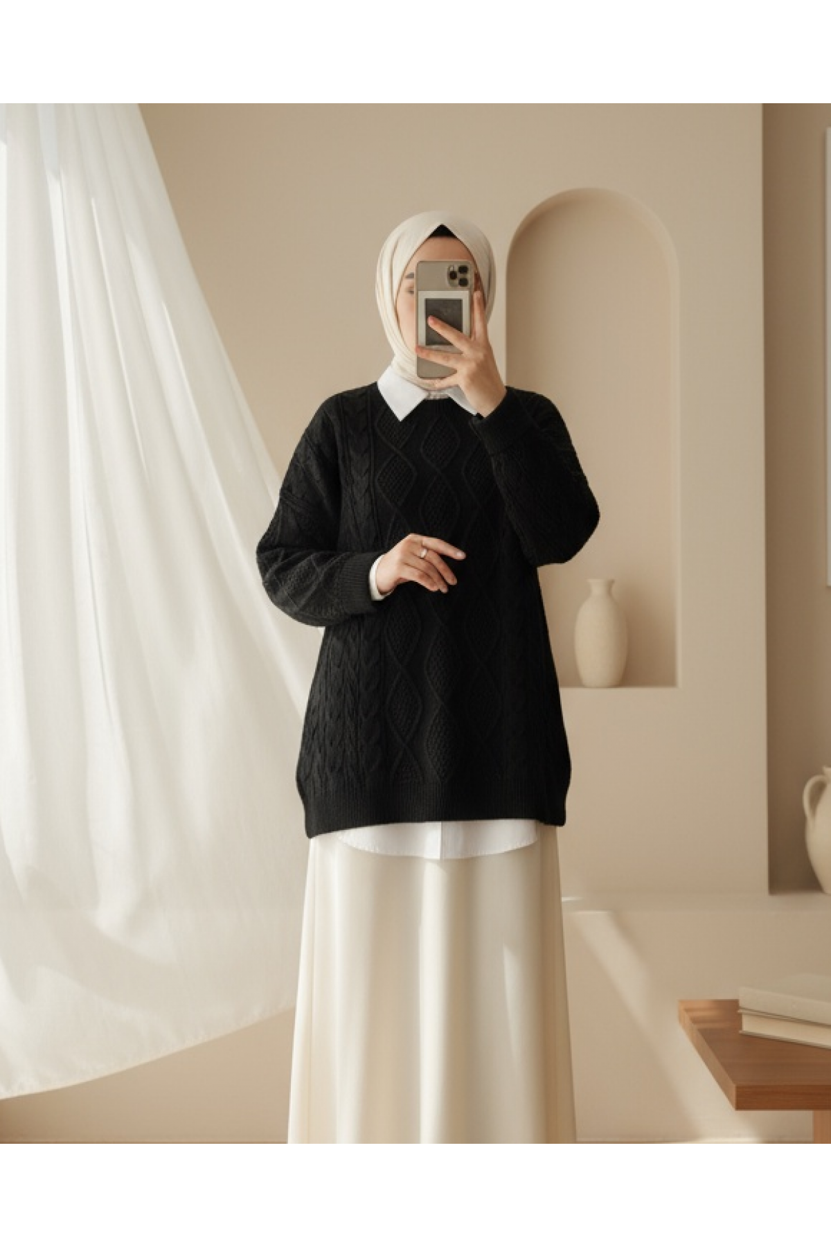 Petek Desen Kışlık Salaş Triko Kazak -Siyah