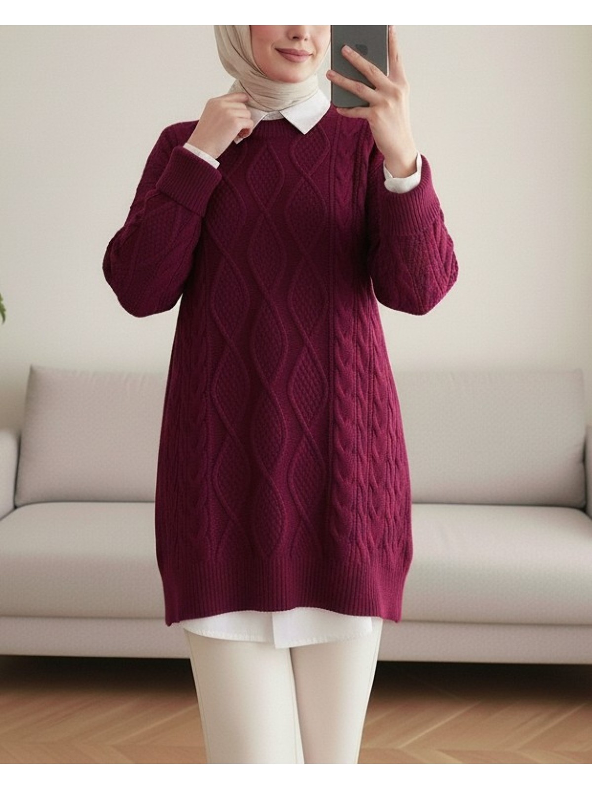 Petek Desen Kışlık Salaş Triko Kazak     -Bordo