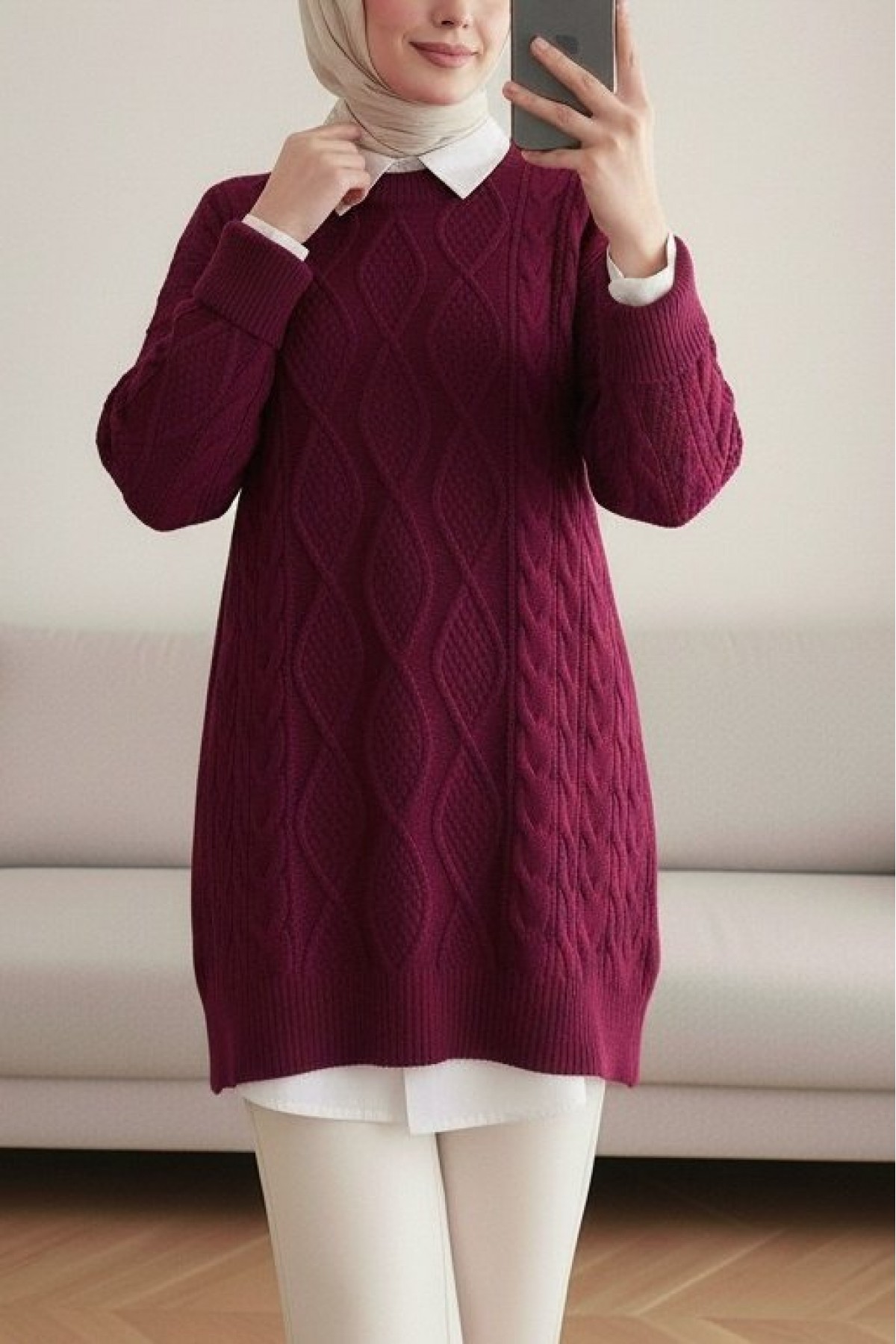 Petek Desen Kışlık Salaş Triko Kazak     -Bordo