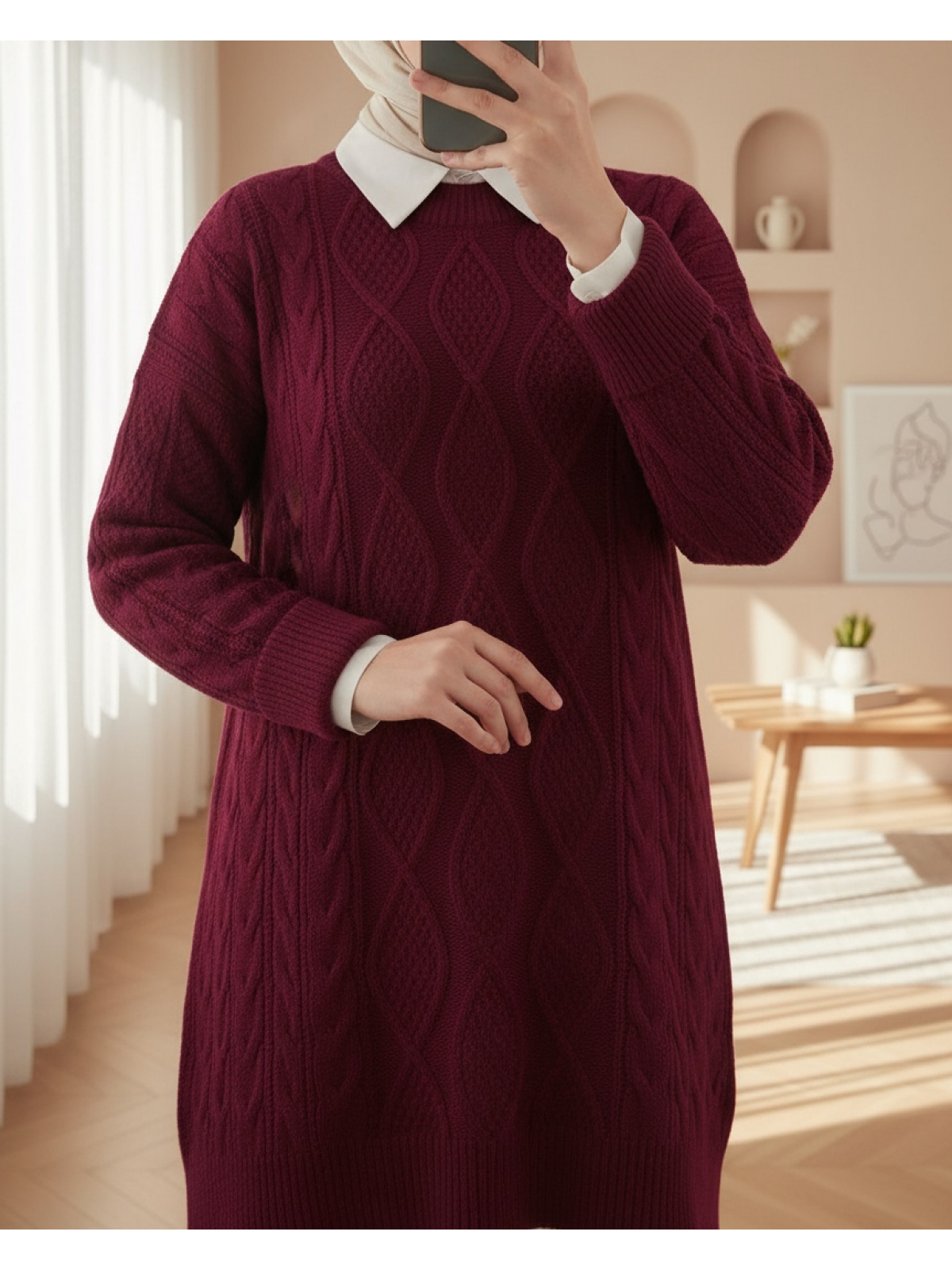 Petek Desen Kışlık Salaş Triko Kazak     -Bordo