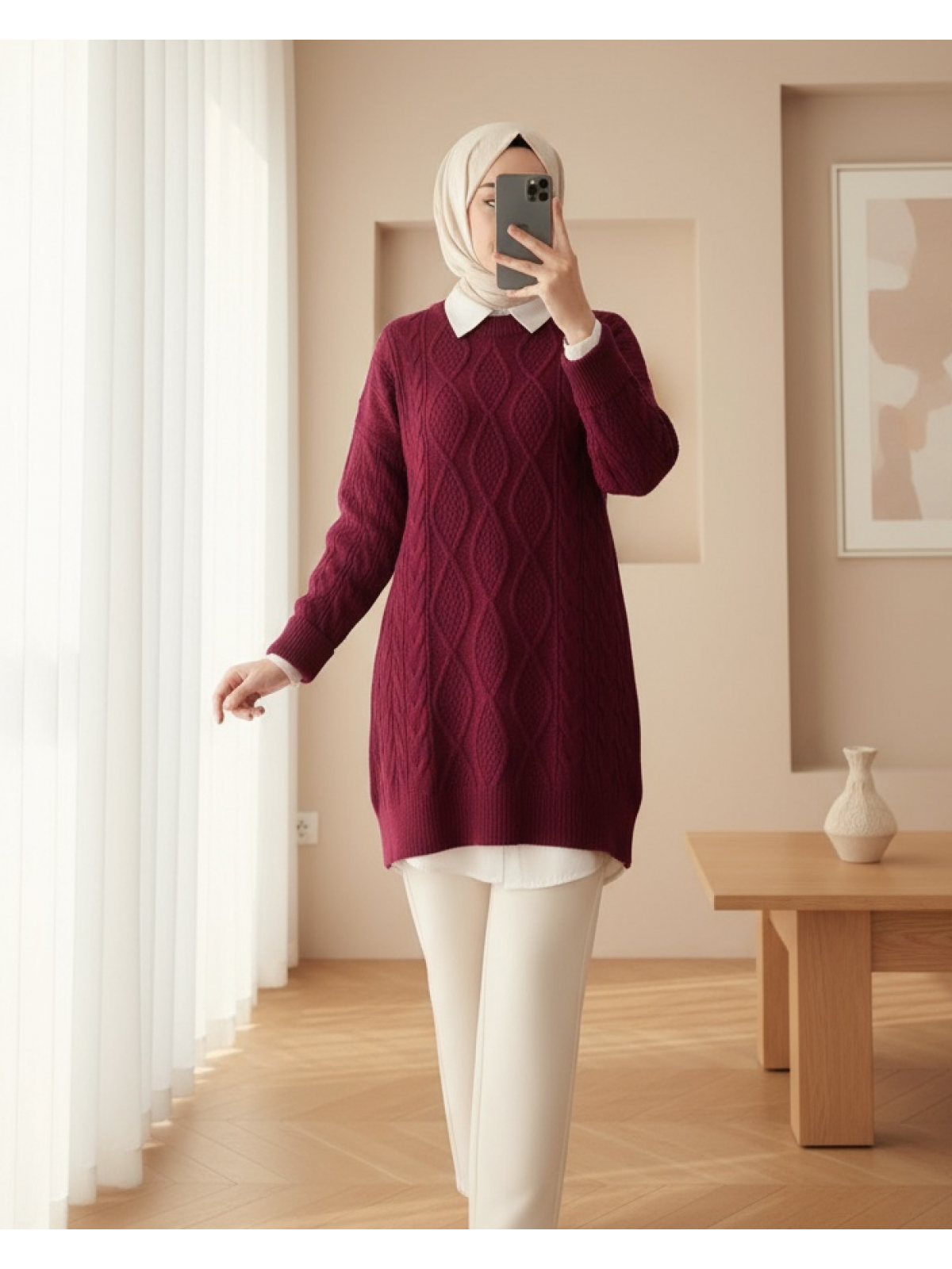 Petek Desen Kışlık Salaş Triko Kazak     -Bordo