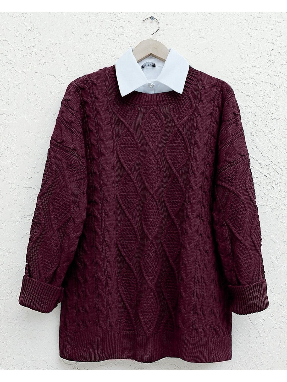 Petek Desen Kışlık Salaş Triko Kazak     -Bordo