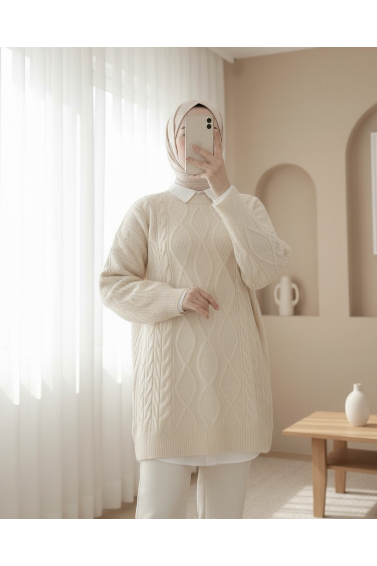 Petek Desen Kışlık Salaş Triko Kazak -Ekru