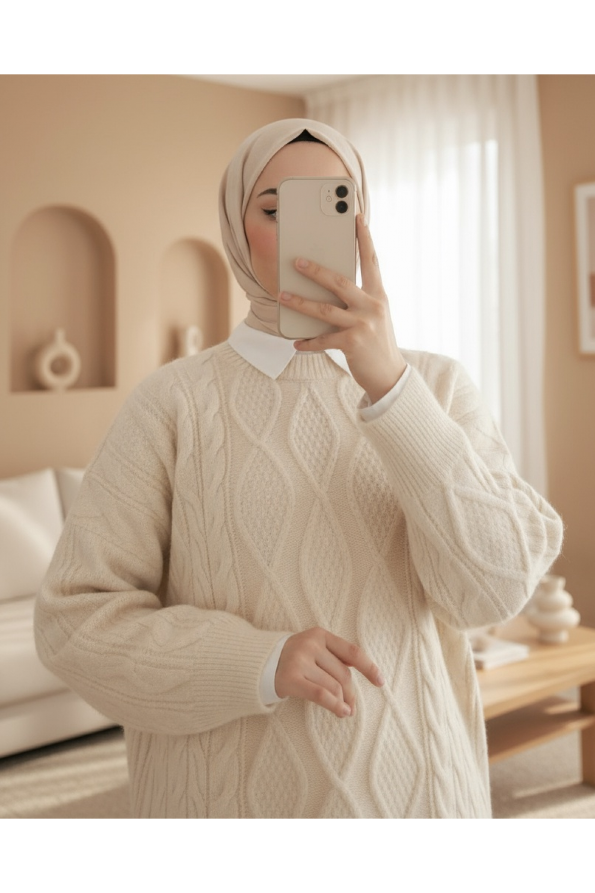 Petek Desen Kışlık Salaş Triko Kazak -Ekru