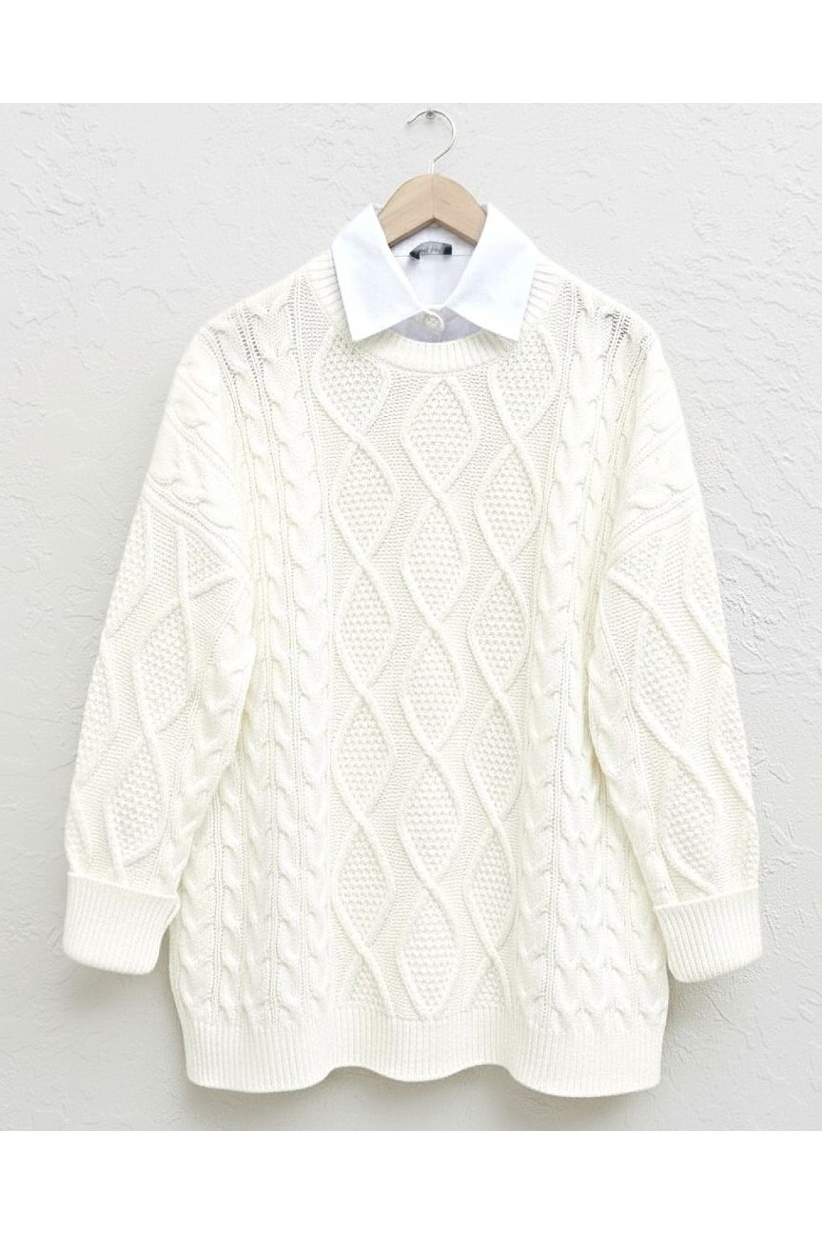 Petek Desen Kışlık Salaş Triko Kazak -Ekru