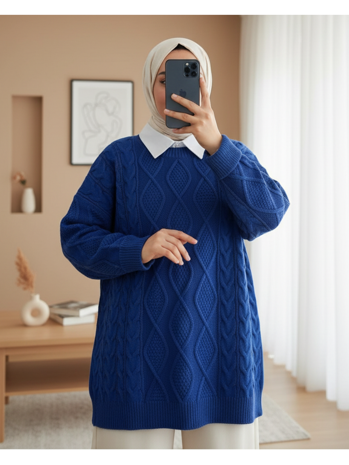 Petek Desen Kışlık Salaş Triko Kazak          -Saks