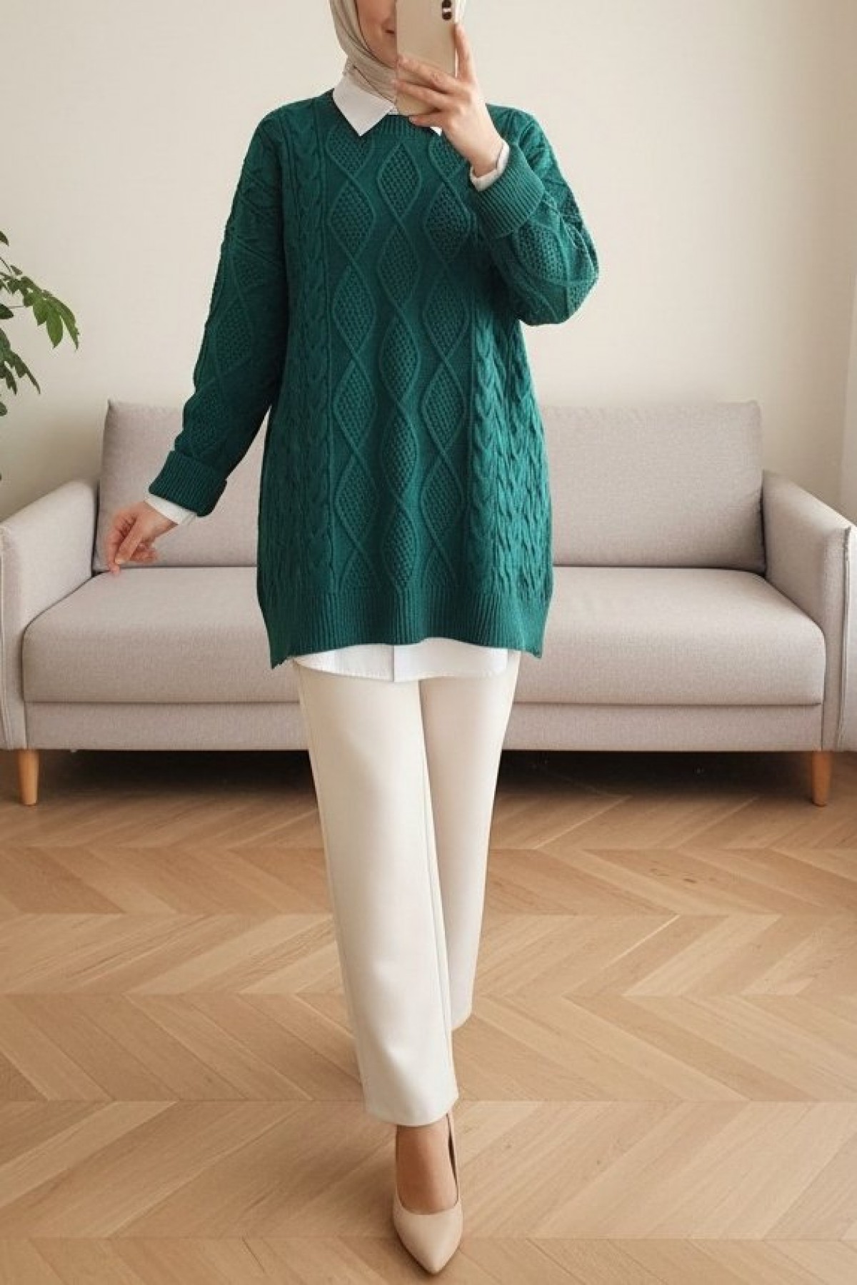 Petek Desen Kışlık Salaş Triko Kazak  -Zümrüt