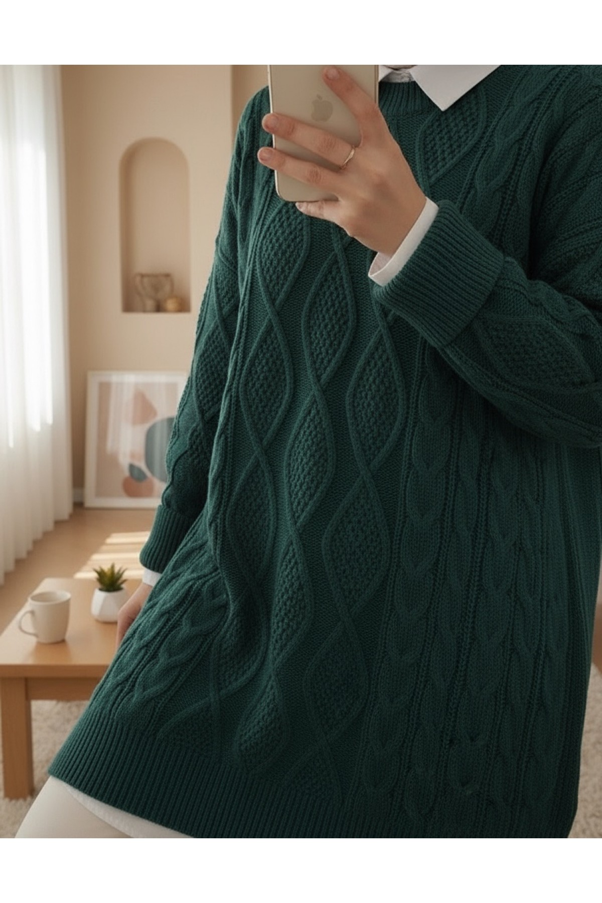 Petek Desen Kışlık Salaş Triko Kazak  -Zümrüt