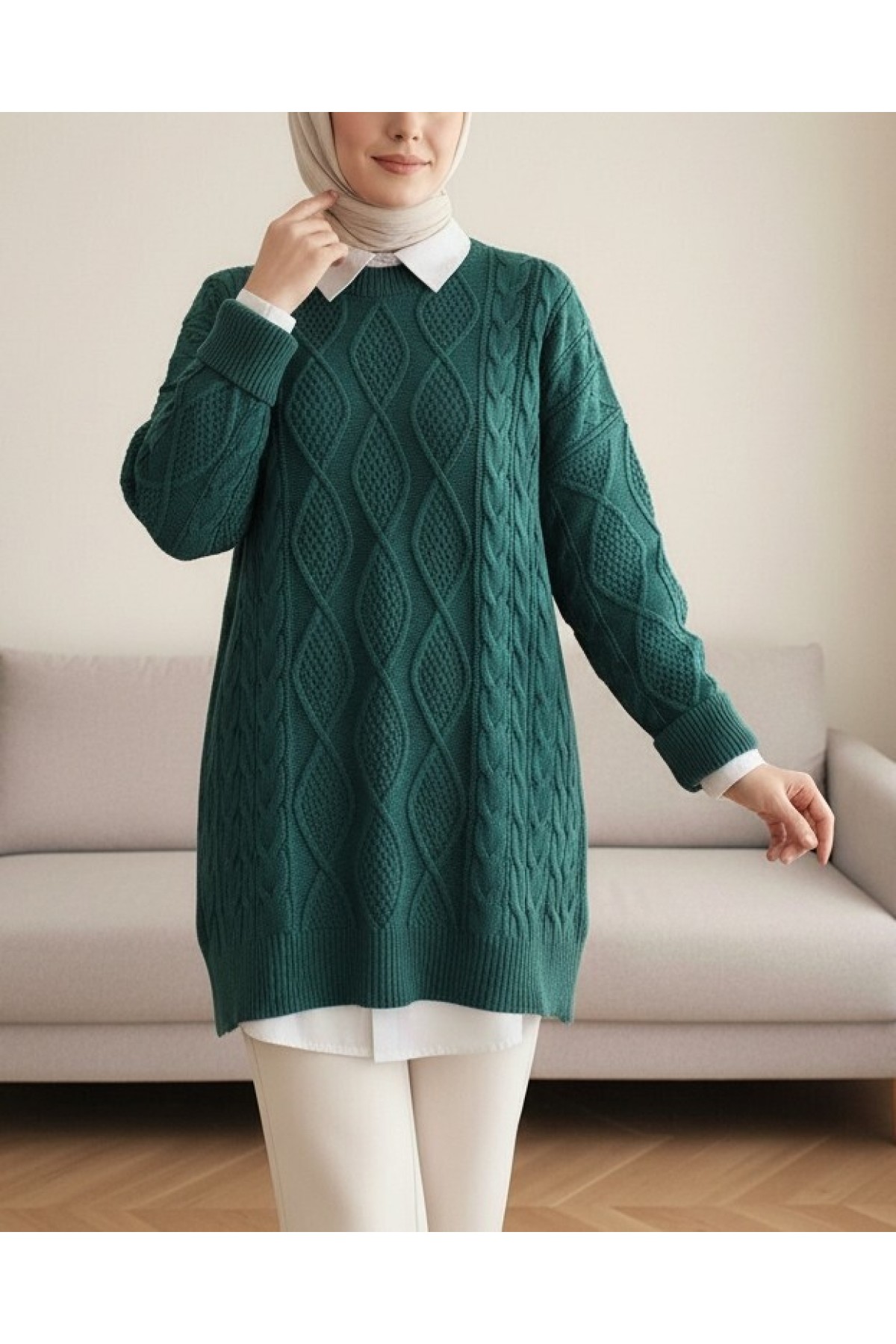 Petek Desen Kışlık Salaş Triko Kazak  -Zümrüt