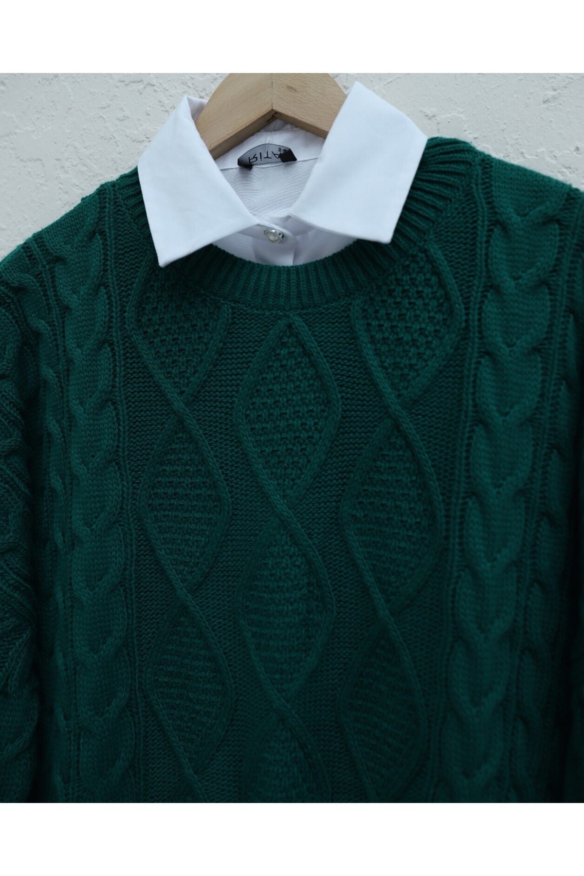 Petek Desen Kışlık Salaş Triko Kazak  -Zümrüt