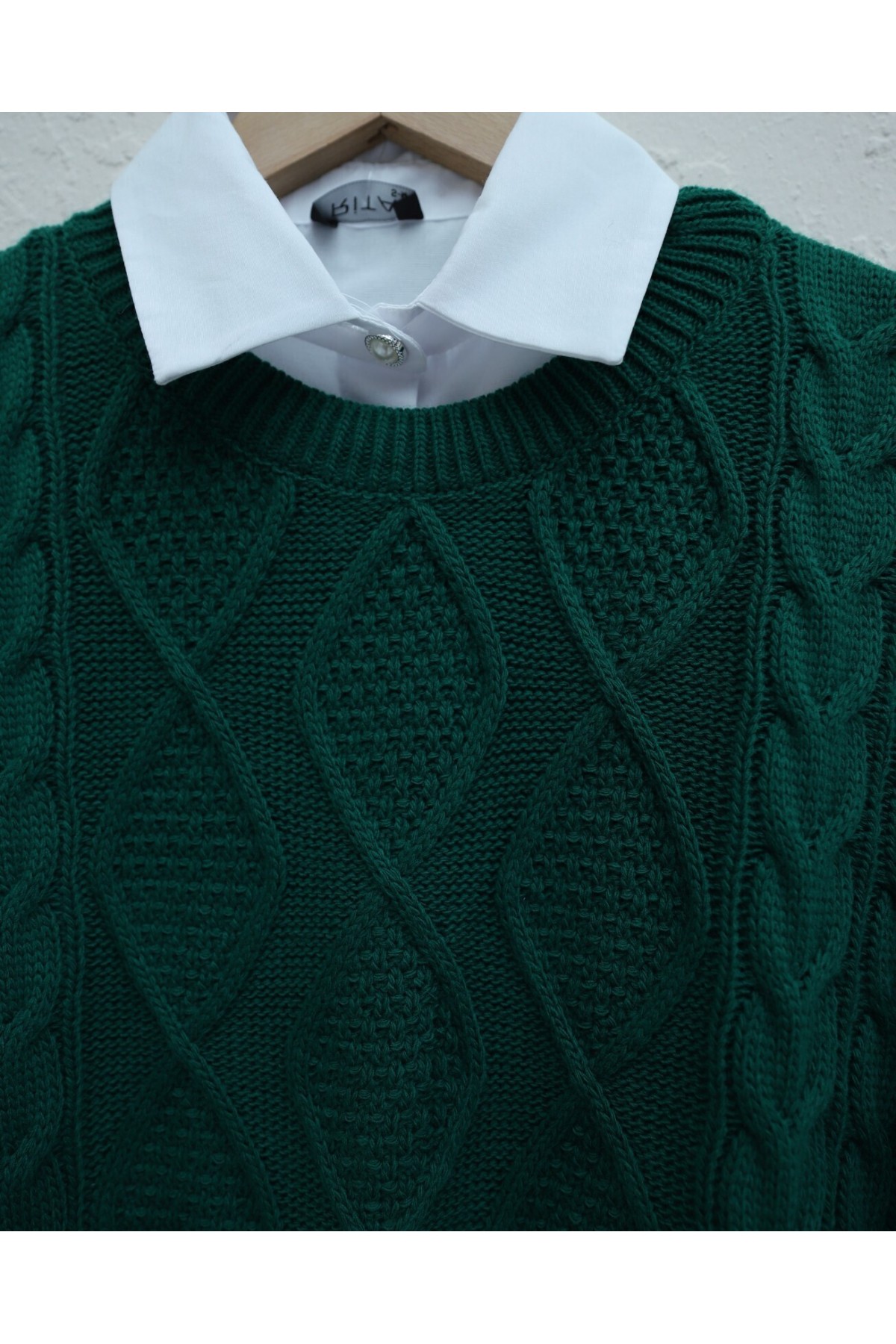 Petek Desen Kışlık Salaş Triko Kazak  -Zümrüt