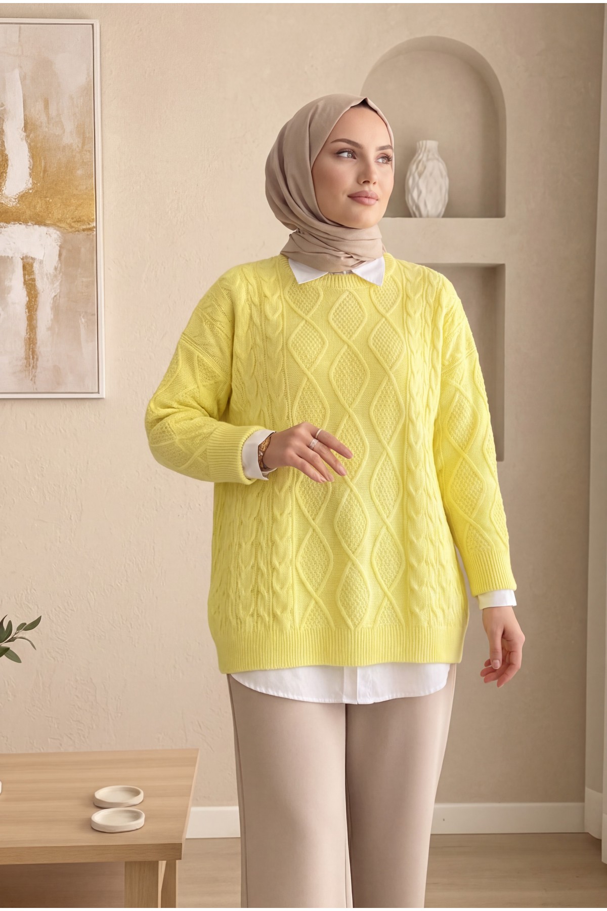Petek Desen Kışlık Salaş Triko Kazak        -Sarı