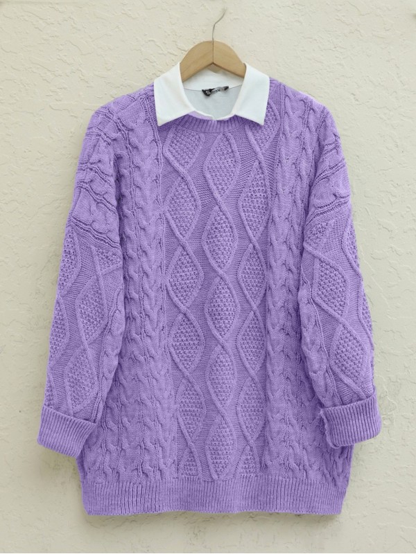 Petek Desen Kışlık Salaş Triko Kazak             -Lila