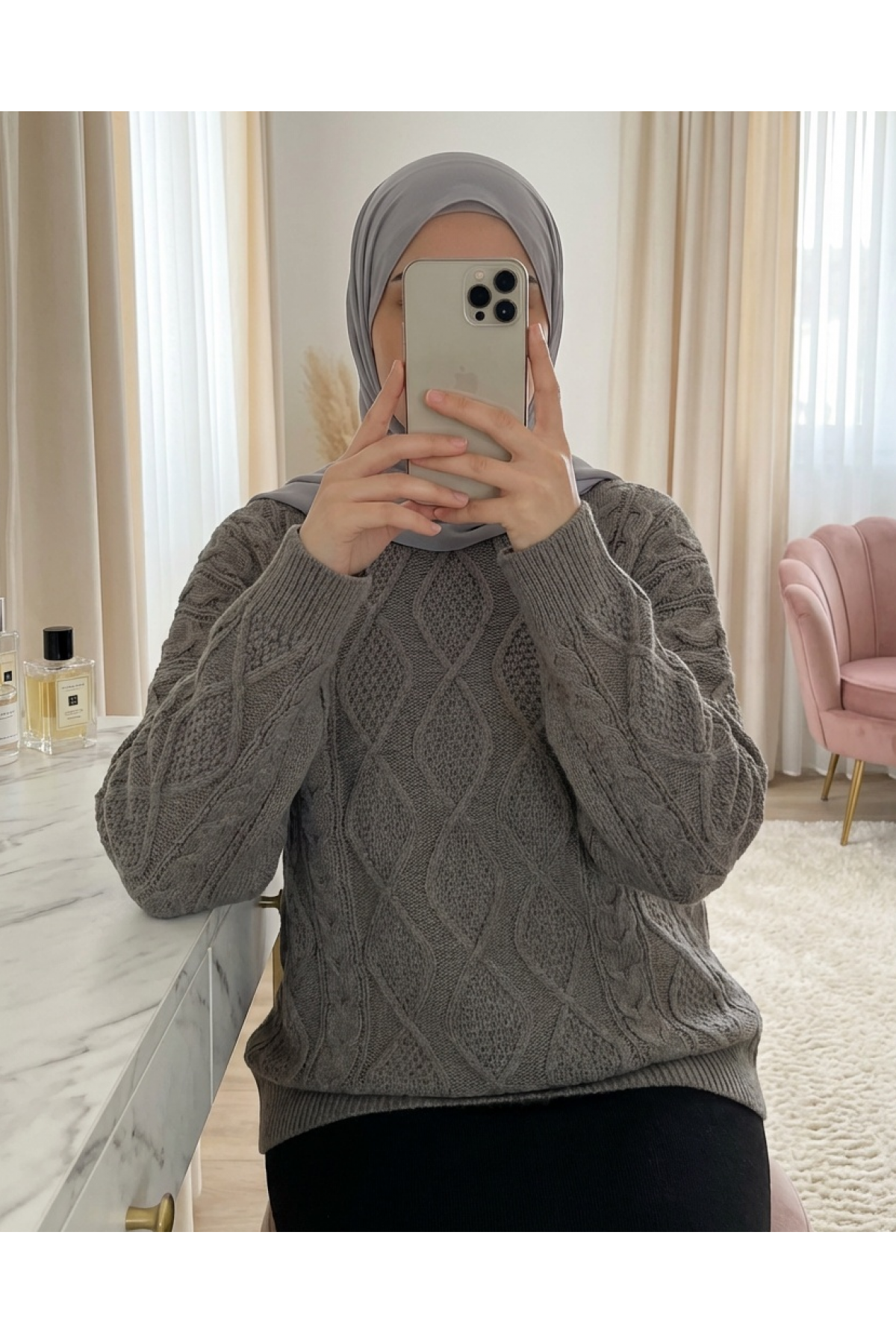 Petek Desen Kışlık Salaş Triko Kazak             -Toprak