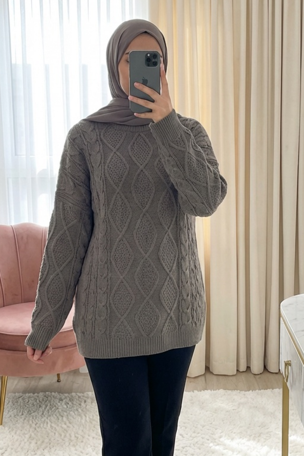 Petek Desen Kışlık Salaş Triko Kazak             -Toprak