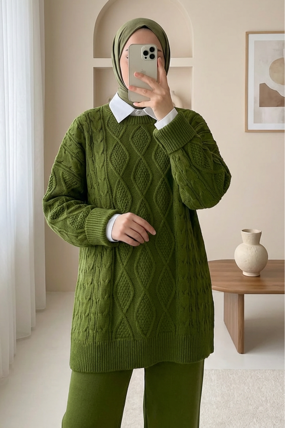 Petek Desen Kışlık Salaş Triko Kazak            -F.Yeşili