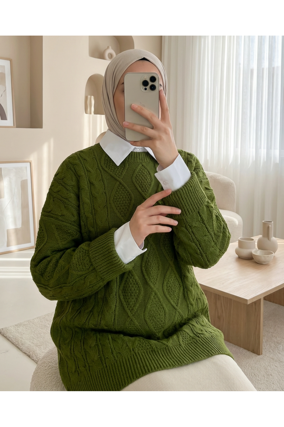 Petek Desen Kışlık Salaş Triko Kazak            -F.Yeşili