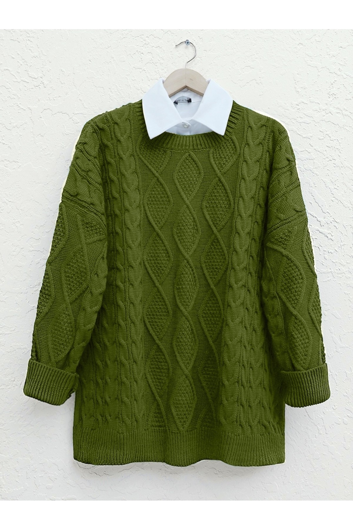 Petek Desen Kışlık Salaş Triko Kazak            -F.Yeşili