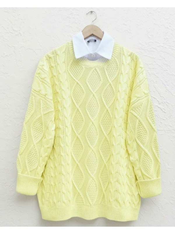 Petek Desen Kışlık Salaş Triko Kazak             -Açık Sarı