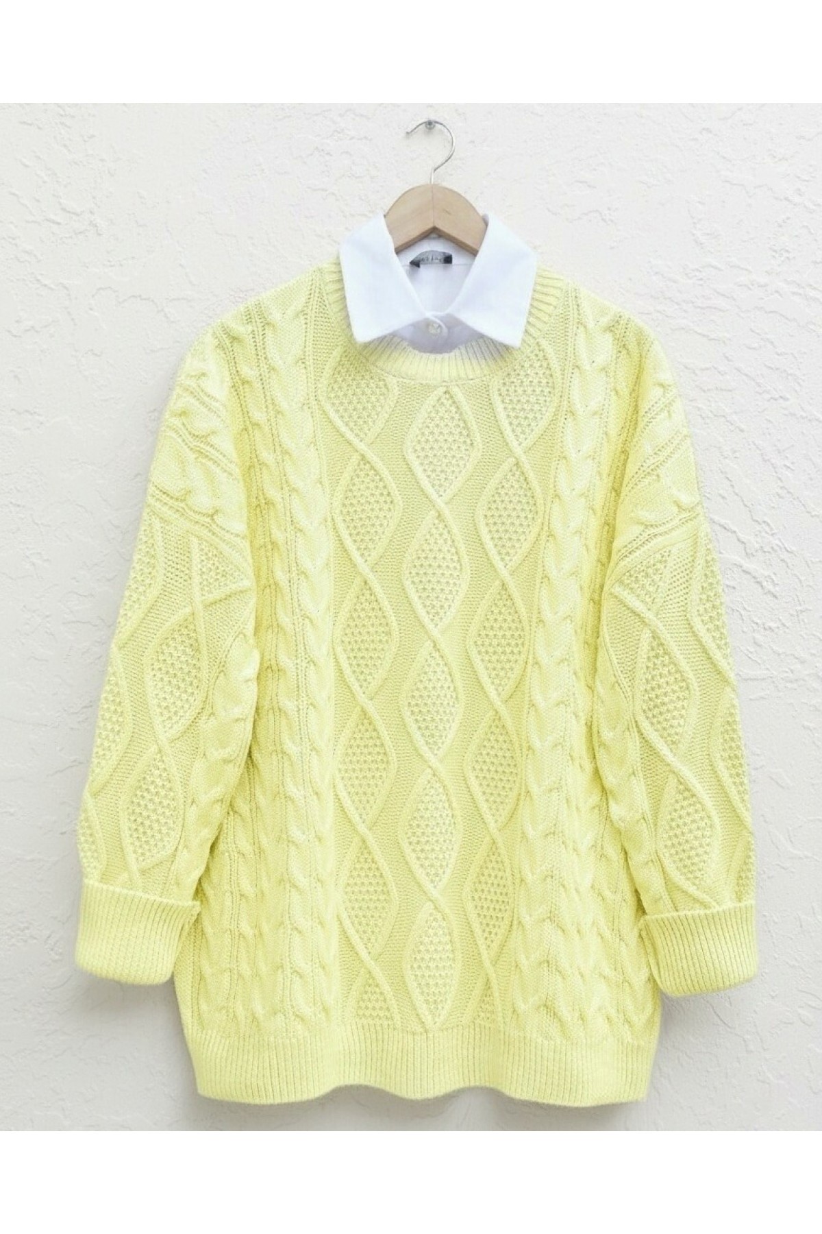 Petek Desen Kışlık Salaş Triko Kazak             -Açık Sarı