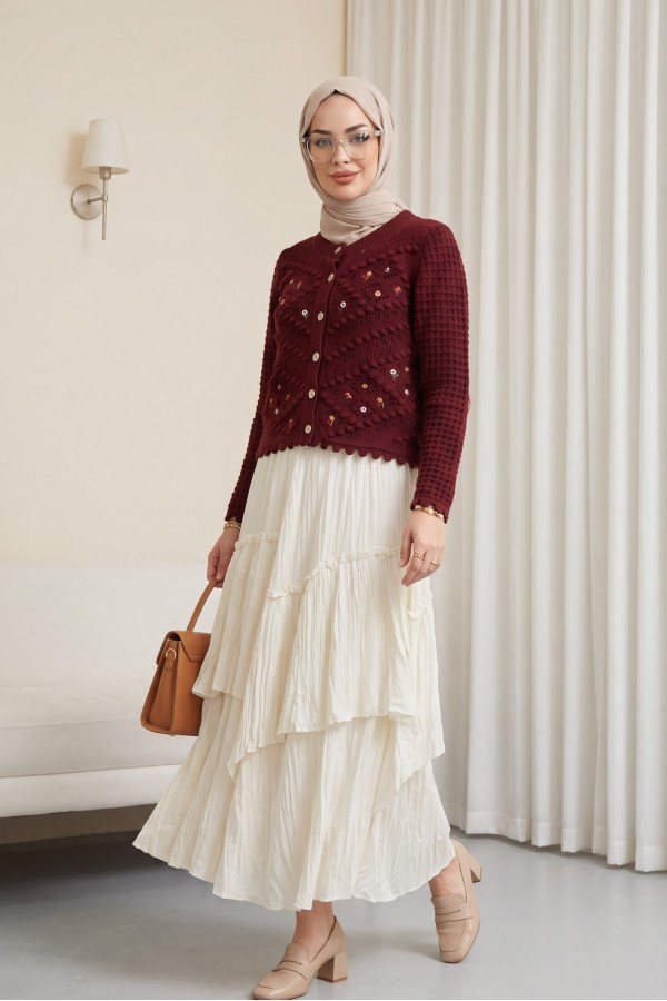 سترة محبوكة مطرزة بالزهور Pompom مخرمة         -بوردو