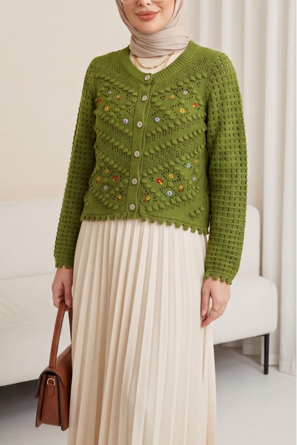 سترة محبوكة مطرزة بالزهور Pompom مخرمة        -خاكي