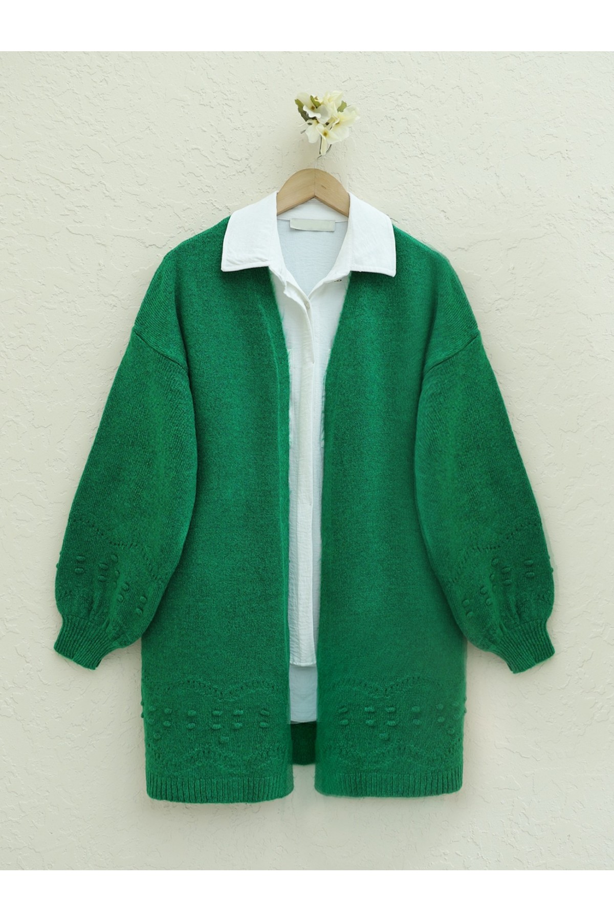 Knitted Cardigan with Pompom on Sleeves and Skirt -Green