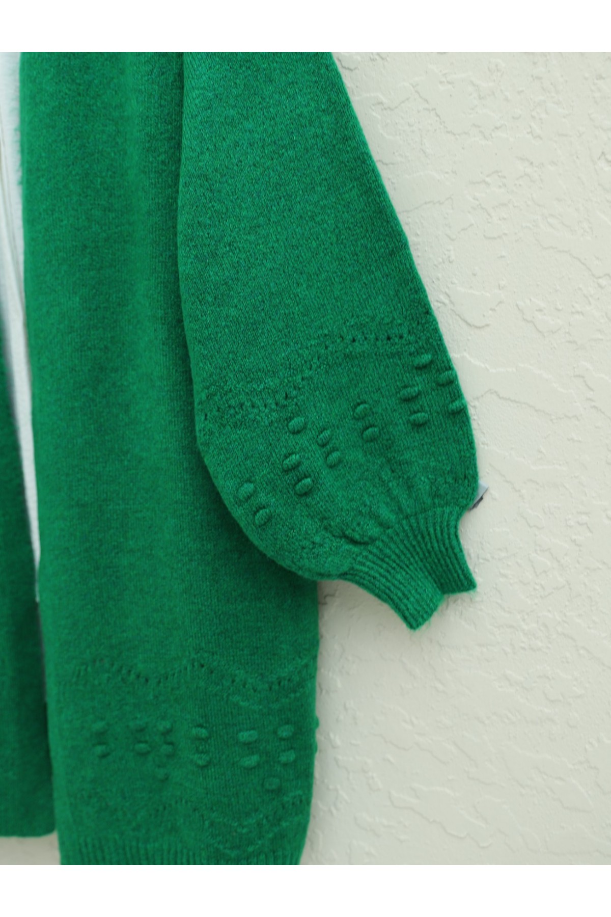 Knitted Cardigan with Pompom on Sleeves and Skirt -Green