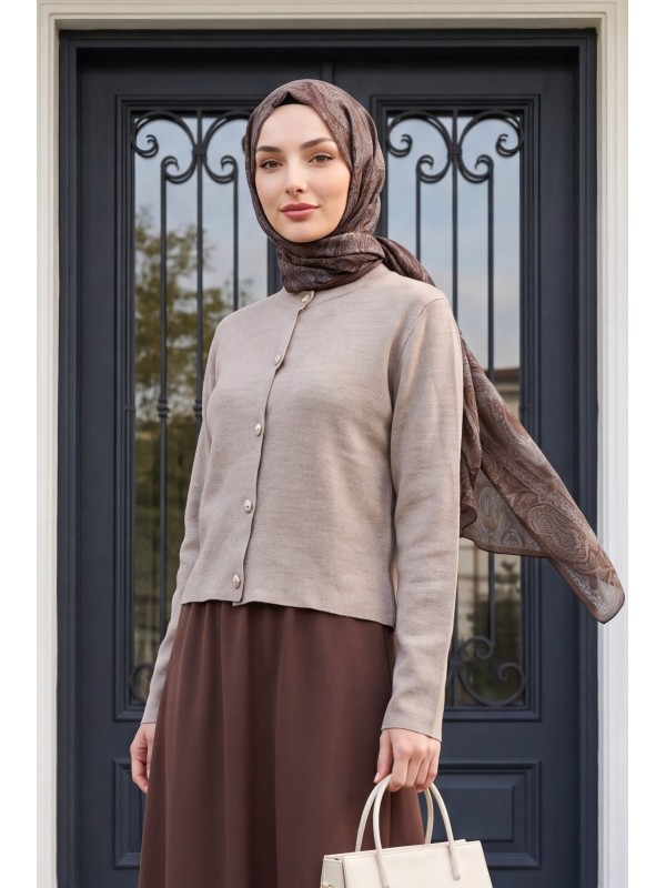 كارديجان محبوك بأزرار وياقة دائرية -تدرجات البيج