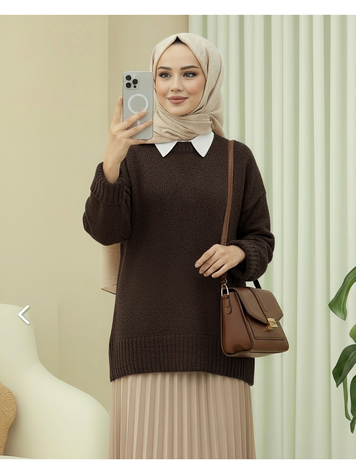 Bisiklet Yaka Eteği Fitilli Salaş Triko Kazak      -Kahve