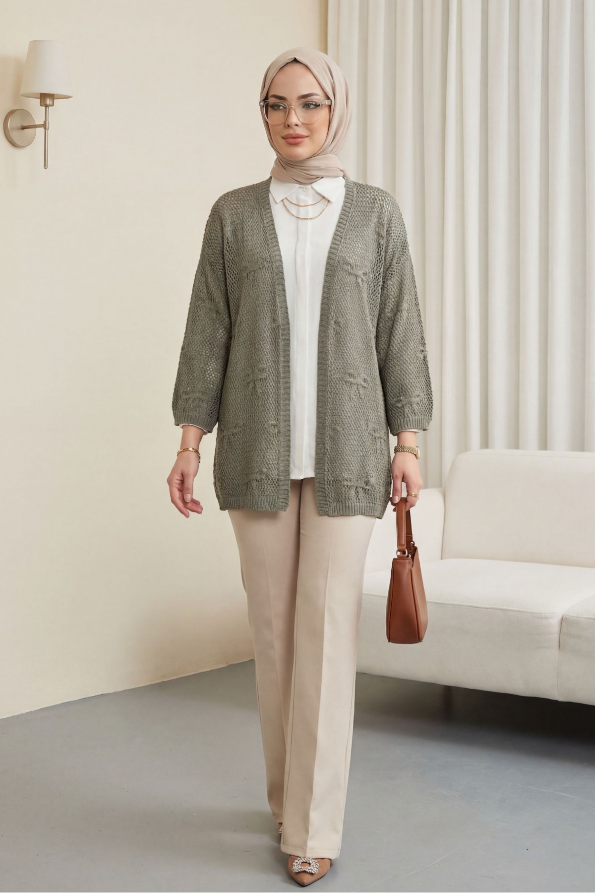 Fiyonk Desenli Ajurlu Triko Hırka -Haki