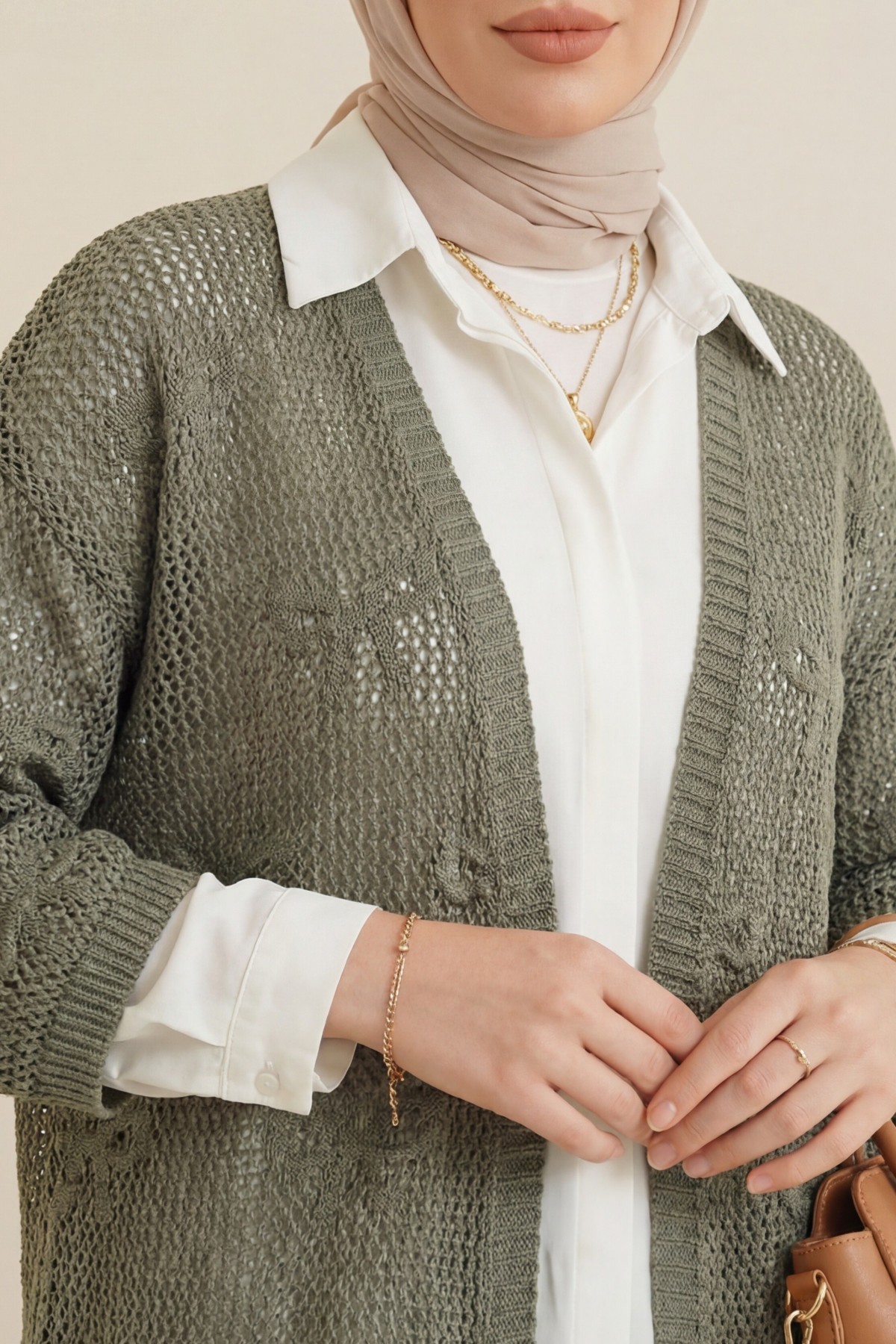 Fiyonk Desenli Ajurlu Triko Hırka -Haki