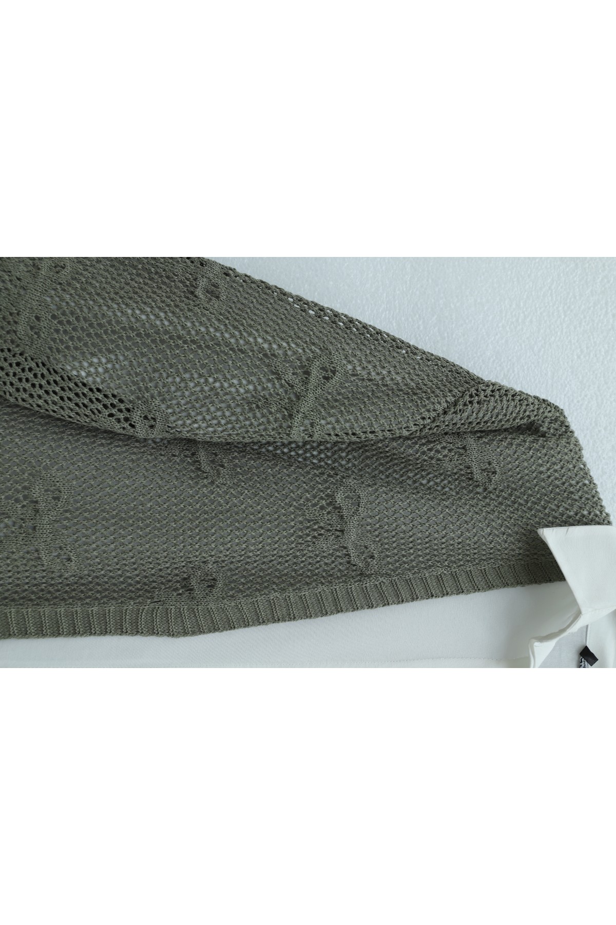 Fiyonk Desenli Ajurlu Triko Hırka -Haki