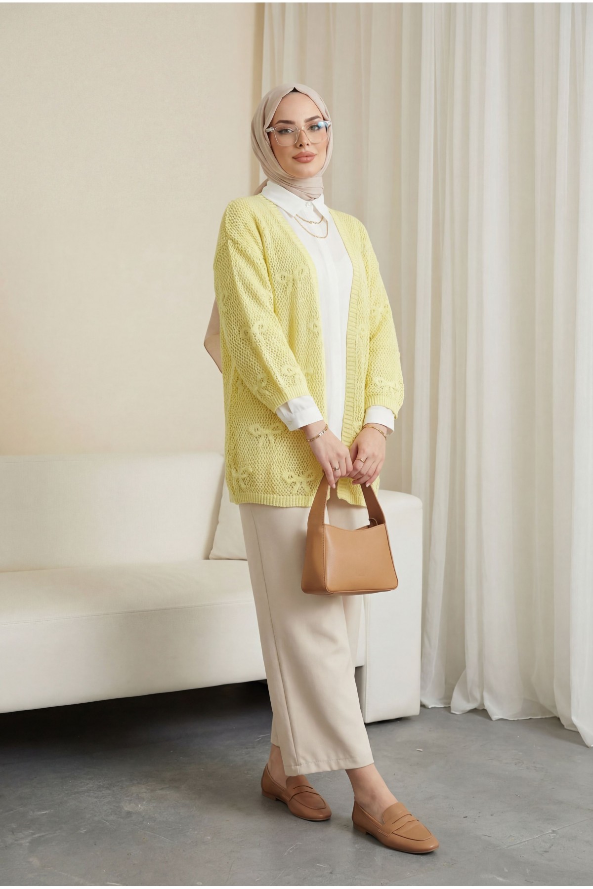 Fiyonk Desenli Ajurlu Triko Hırka -Sarı