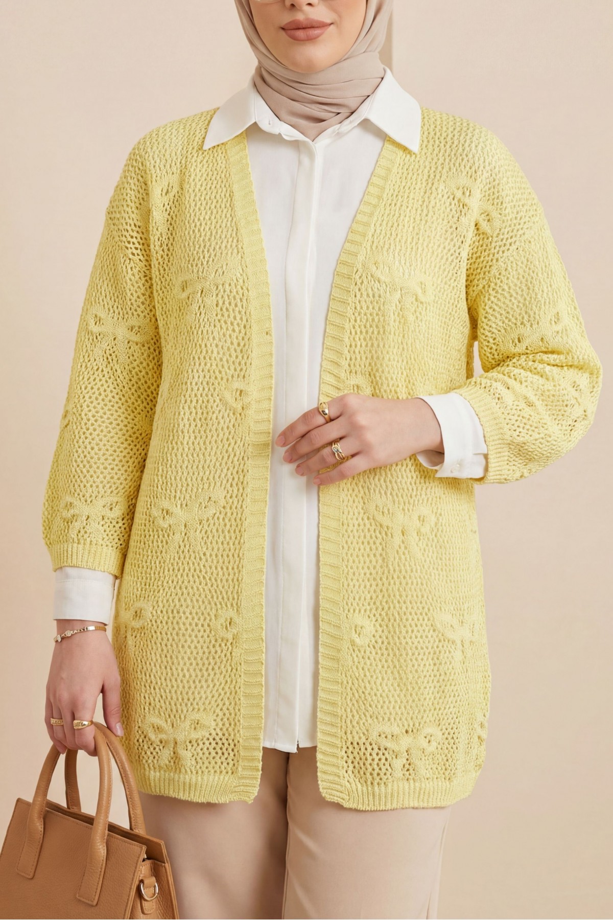 Fiyonk Desenli Ajurlu Triko Hırka -Sarı