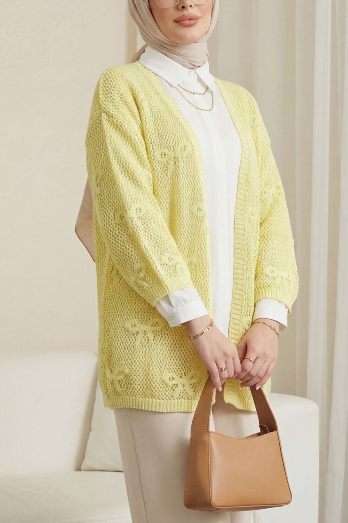 Fiyonk Desenli Ajurlu Triko Hırka -Sarı