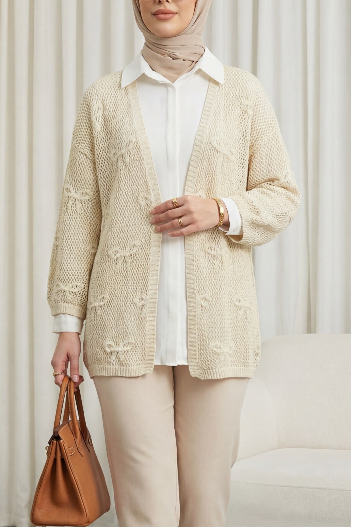 كارديجان محبوك مفتوح بنقشة فيونكة -لون كريمي