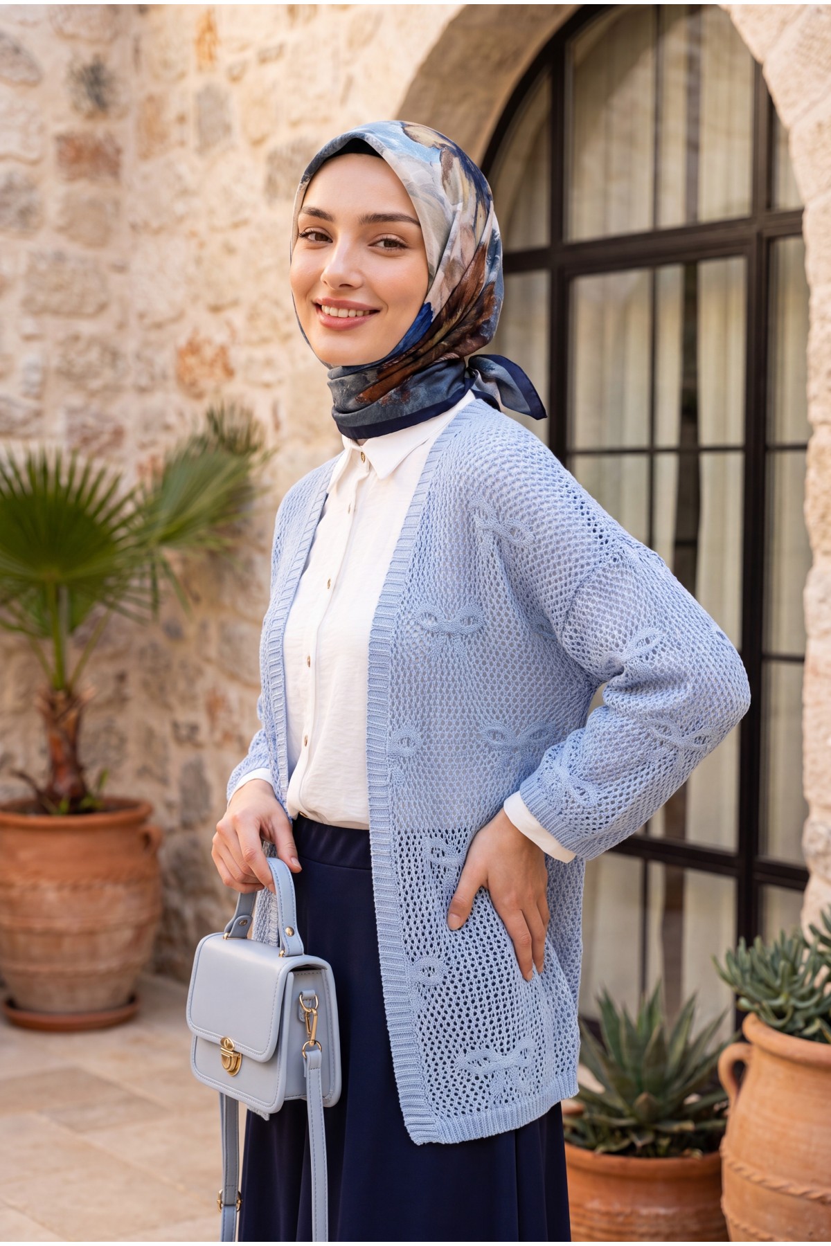 كارديجان محبوك مفتوح بنقشة فيونكة   -ريشي