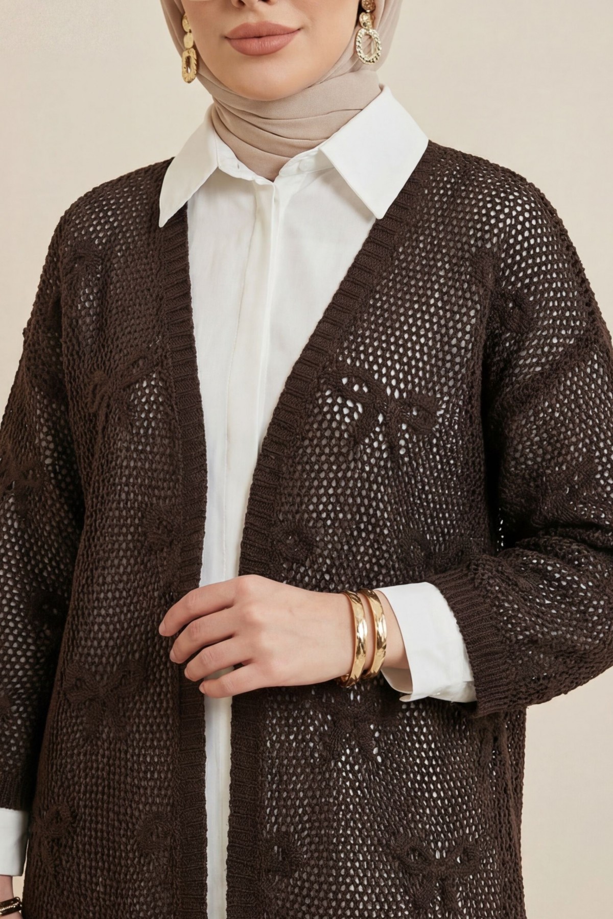 Fiyonk Desenli Ajurlu Triko Hırka -K. Kahve