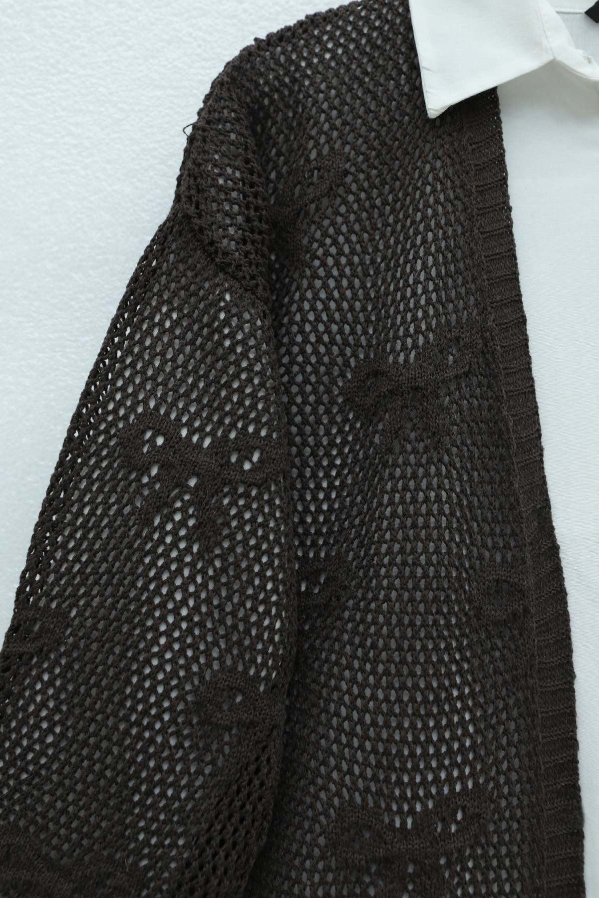 Fiyonk Desenli Ajurlu Triko Hırka -K. Kahve