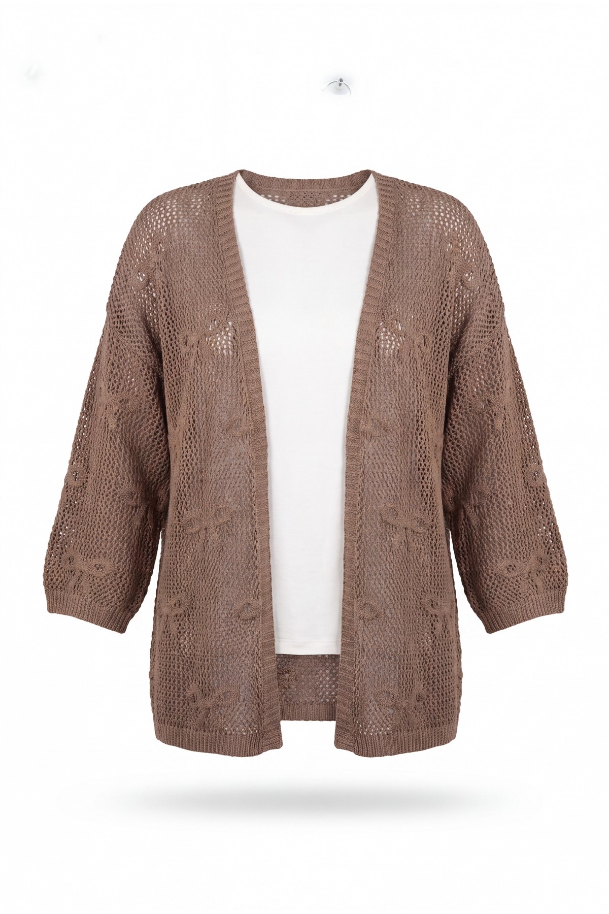 Bow Patterned Openwork Knit Cardigan  -Light coffee