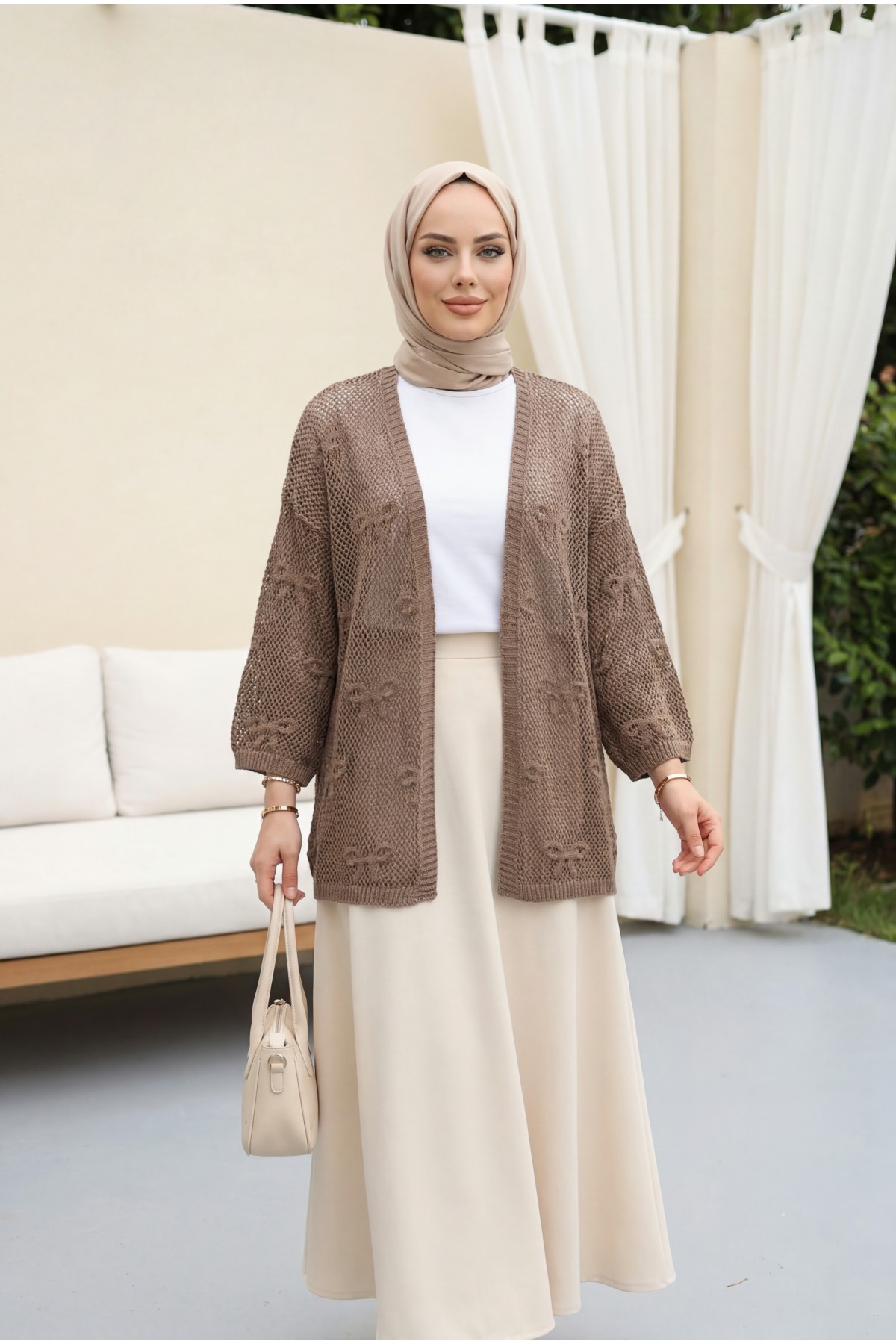 Bow Patterned Openwork Knit Cardigan  -Light coffee