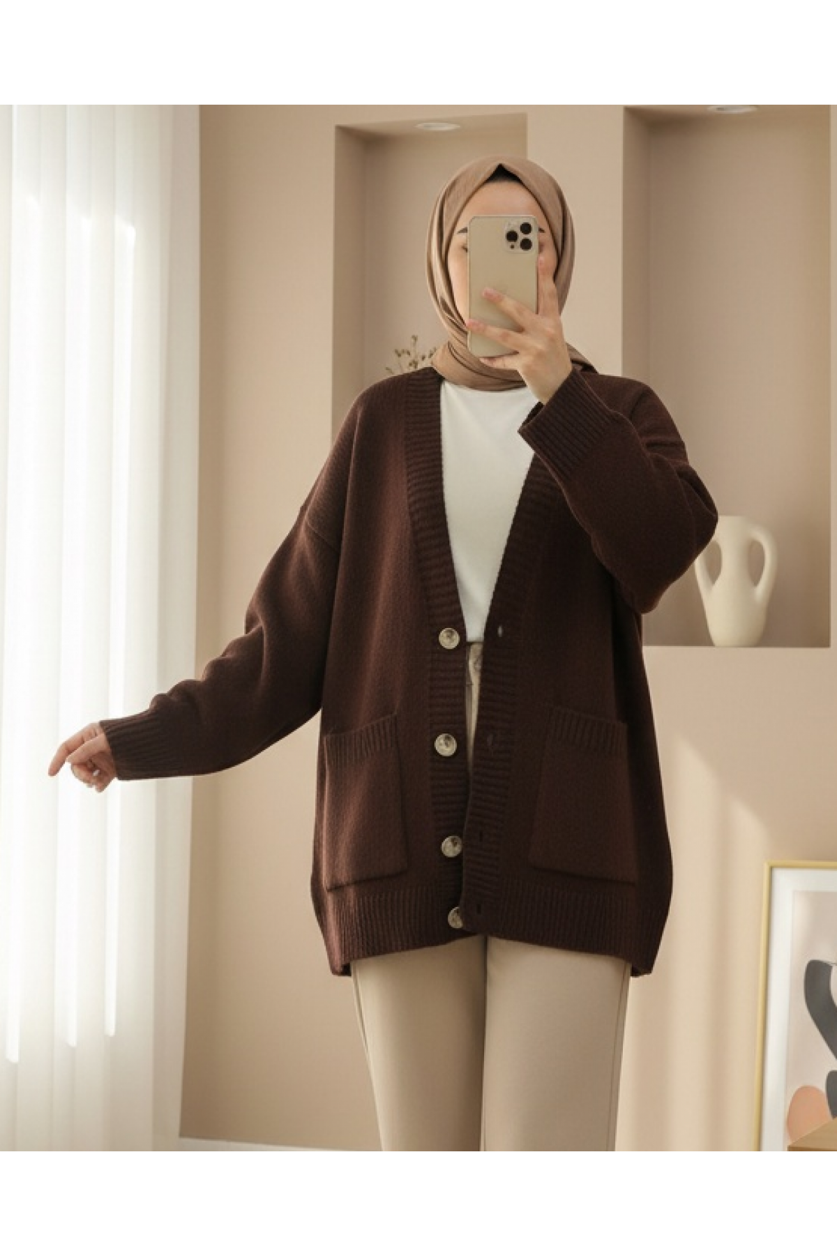 Düğmeli Çift Cepli Salaş Triko Hırka -K. Kahve