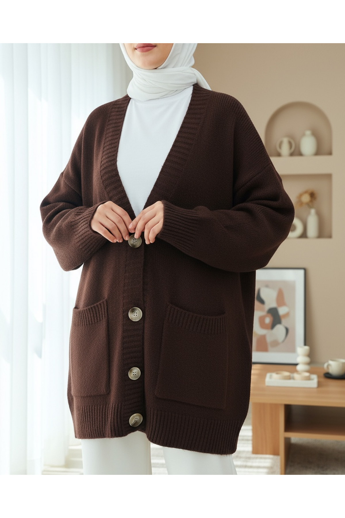 Düğmeli Çift Cepli Salaş Triko Hırka -K. Kahve